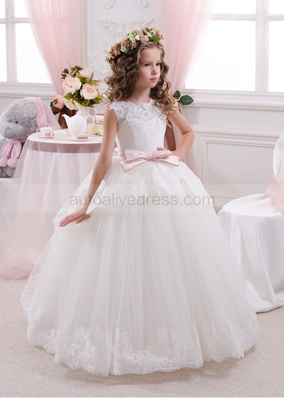 Lace Tulle V Back Long Princess Flower Girl Dress